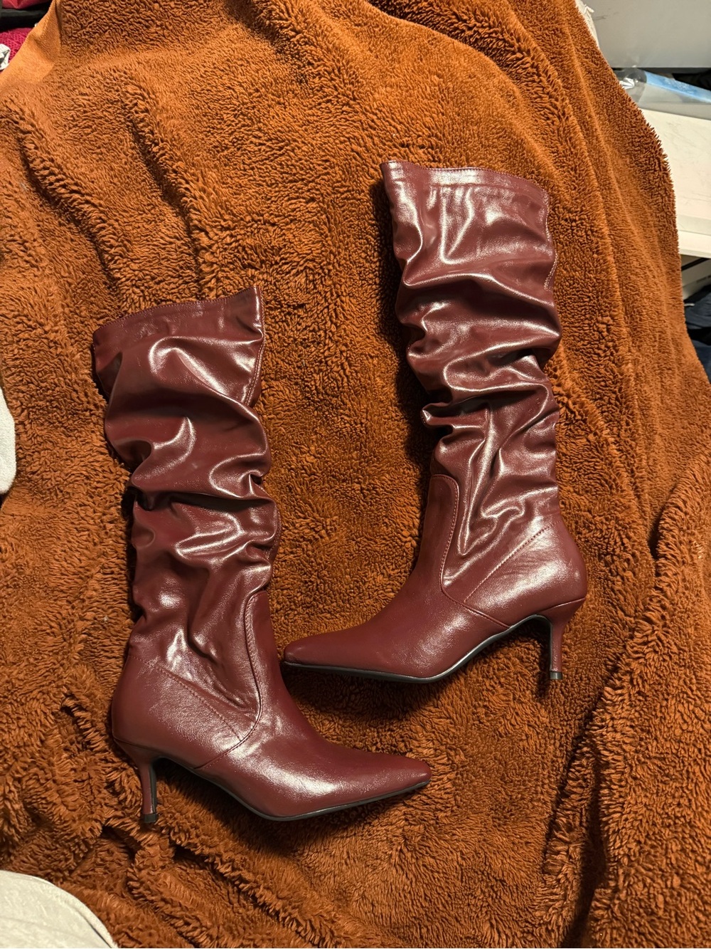 Burgundy Slouch Over-the-Knee Pointed Toe Stiletto Boots